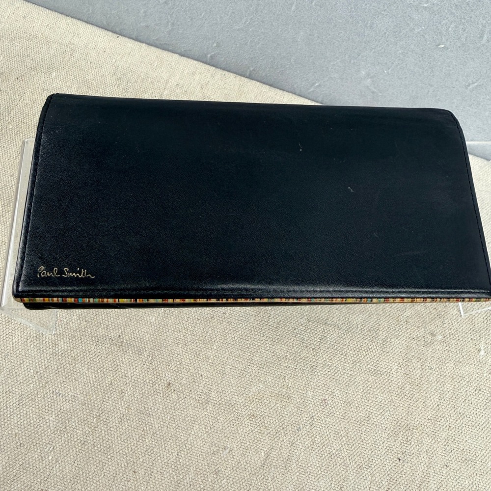 Paul Smith Black Leather Signature Stripe Continental Wallet Long Zip Pouch - Picture 2 of 9